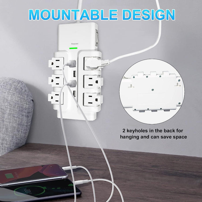 6 Outlet 4 USB Ports Rotating Power Strip 6ft with Surge Protector Wall Mount for Home Office