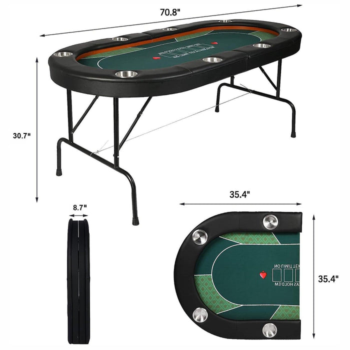 70.8" Folding Poker Table 8 Player Card Table with 8 Cup Holder for Texas Casino, Green