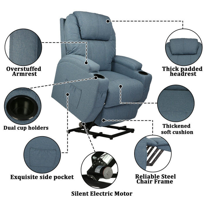 Single Electric Power Lift Recliner Chair for Elderly, Massage Chair Sofa with Heat Remote, Blue