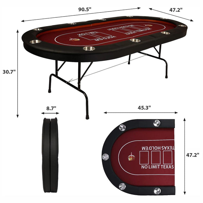 90.5" Folding Poker Table 10 Player Casino Texas Holdem Table for Blackjack Board Game, Red