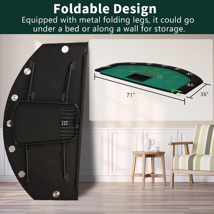 71" Folding Poker Table 7 Player Casino Game Table Removable Metal Cup Holder, Green