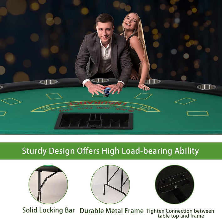 71" Folding Poker Table 7 Player Casino Game Table Removable Metal Cup Holder, Green