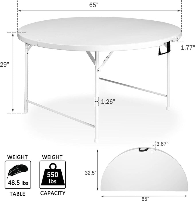 65" Portable Folding Round Table for 8-10 Plastic Dining Table with Carry Handle, White