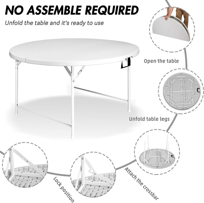 65" Portable Folding Round Table for 8-10 Plastic Dining Table with Carry Handle, White