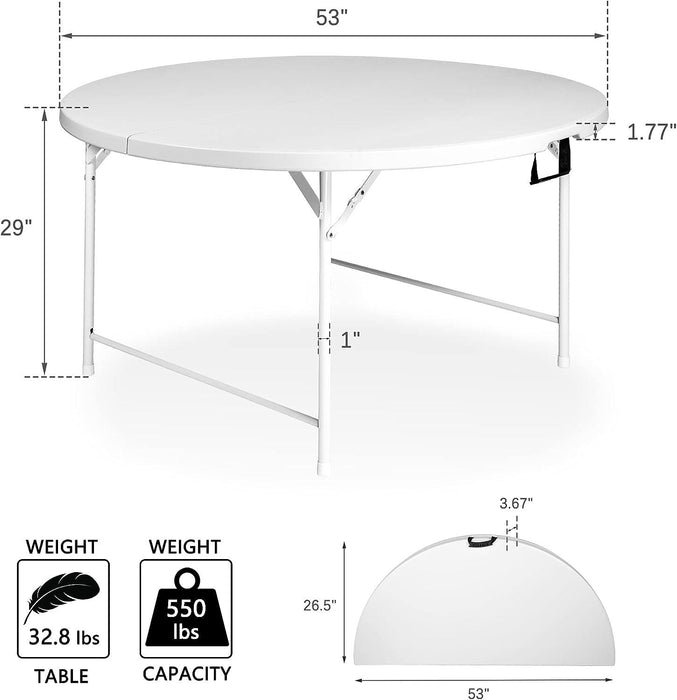 53" Portable Folding Round Table for 6-8 Plastic Dining Table with Carry Handle, White