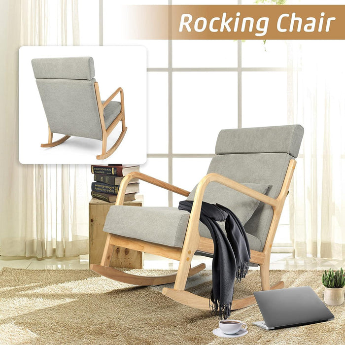 Upholstered Rocking Chair High Back Armchair with Extendable Headrest, Gray