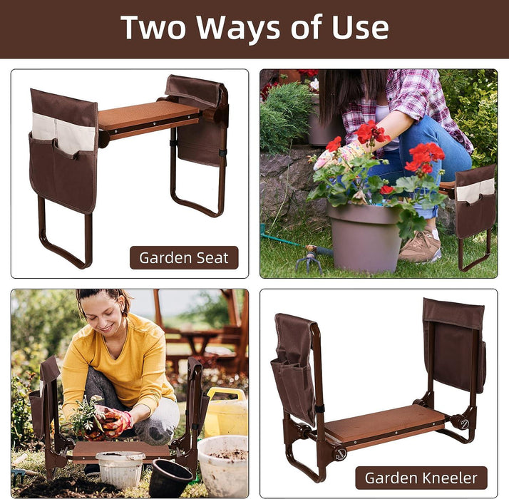 Upgrade Garden Kneeler Seat Garden Stools Bench with 2 Tool Pouches, Brown