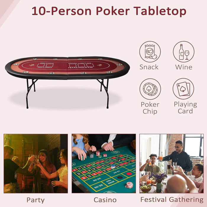 90.5" Large Folding Poker Table 10 Player Casino Texas Holdem Table for Card Game, Red