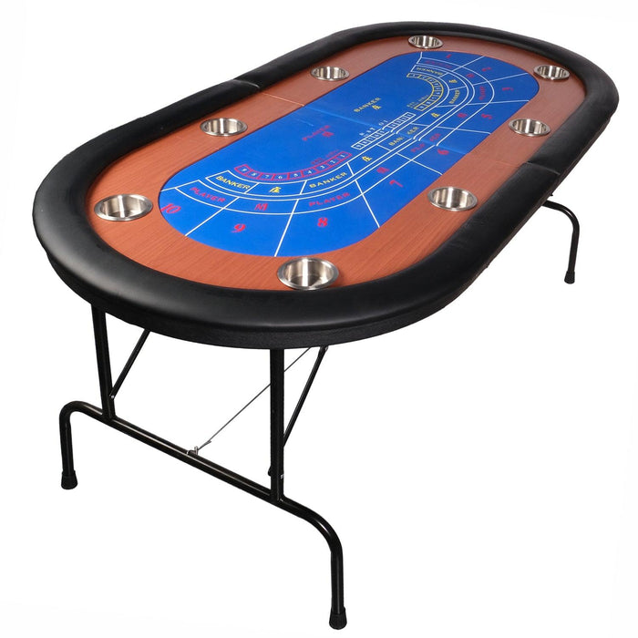 70.8" Folding Poker Table 6-8 Player Card Table with 8 Stainless Steel Cup Holder, Blue