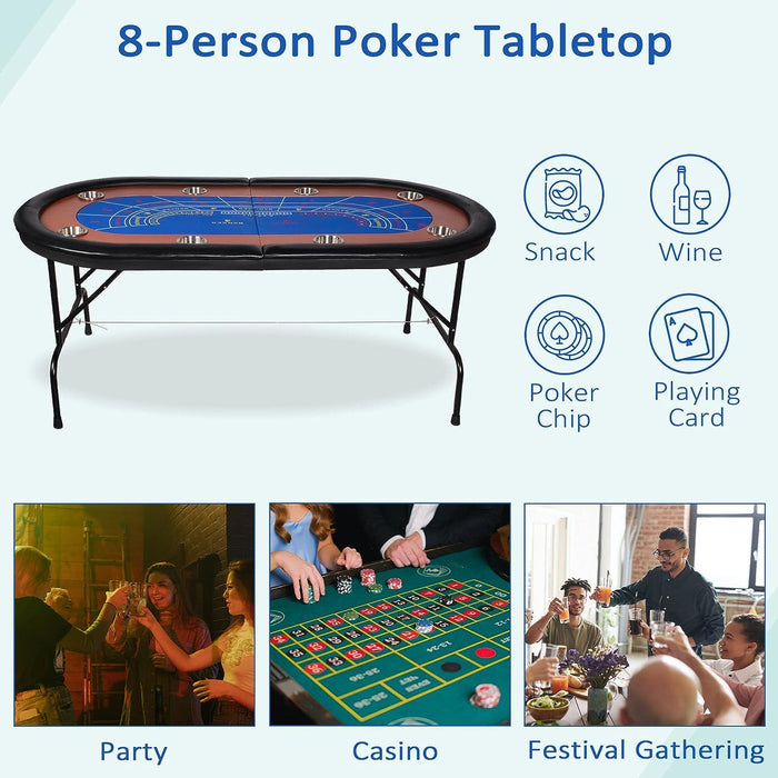 70.8" Folding Poker Table 6-8 Player Card Table with 8 Stainless Steel Cup Holder, Blue