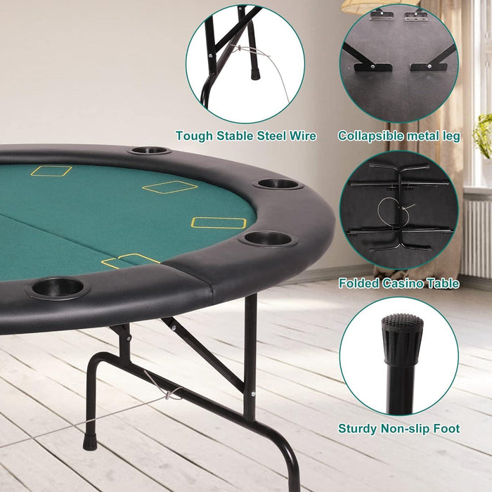 47" Round Folding Poker Table 8 Player Texas Blackjack Poker Mat, PVC Cup Holder