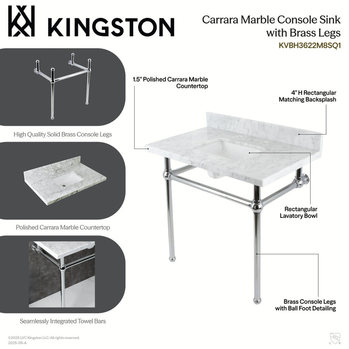 Templeton KVBH3622M8SQ0 36-Inch Carrara Marble Console Sink with Brass Legs (8-Inch, 3-Hole), Carrara Marble White/Matte Black