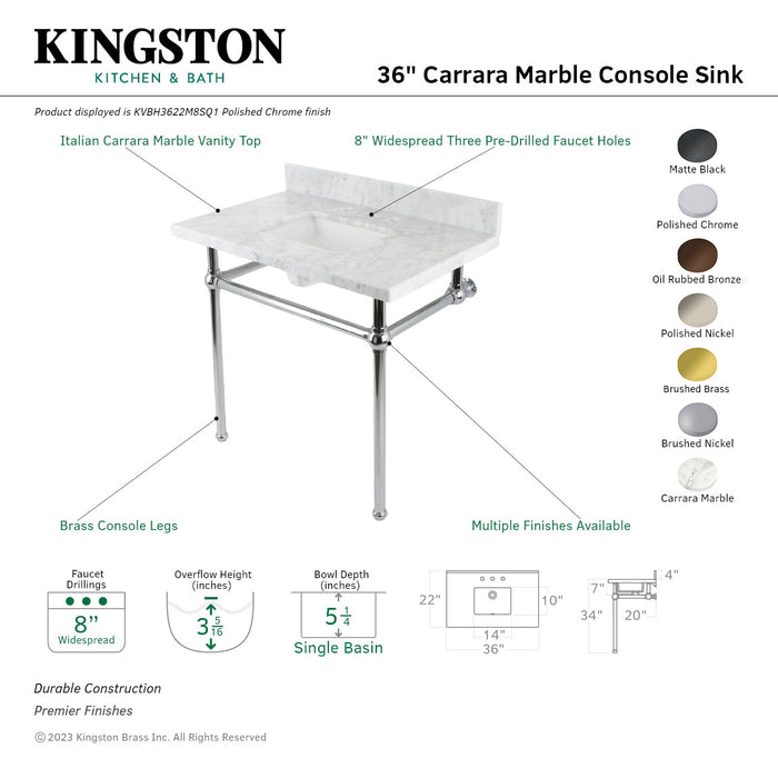 Templeton KVBH3622M8SQ0 36-Inch Carrara Marble Console Sink with Brass Legs (8-Inch, 3-Hole), Carrara Marble White/Matte Black