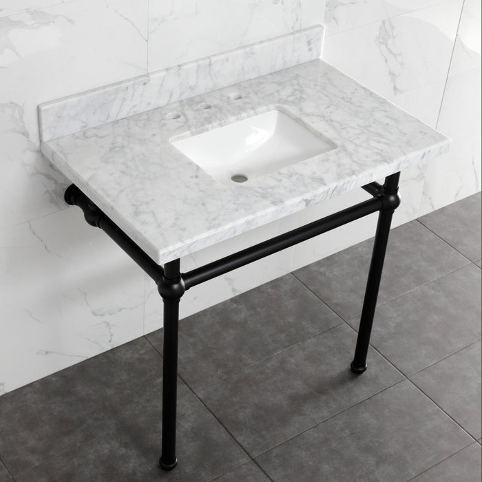 Templeton KVBH3622M8SQ0 36-Inch Carrara Marble Console Sink with Brass Legs (8-Inch, 3-Hole), Carrara Marble White/Matte Black