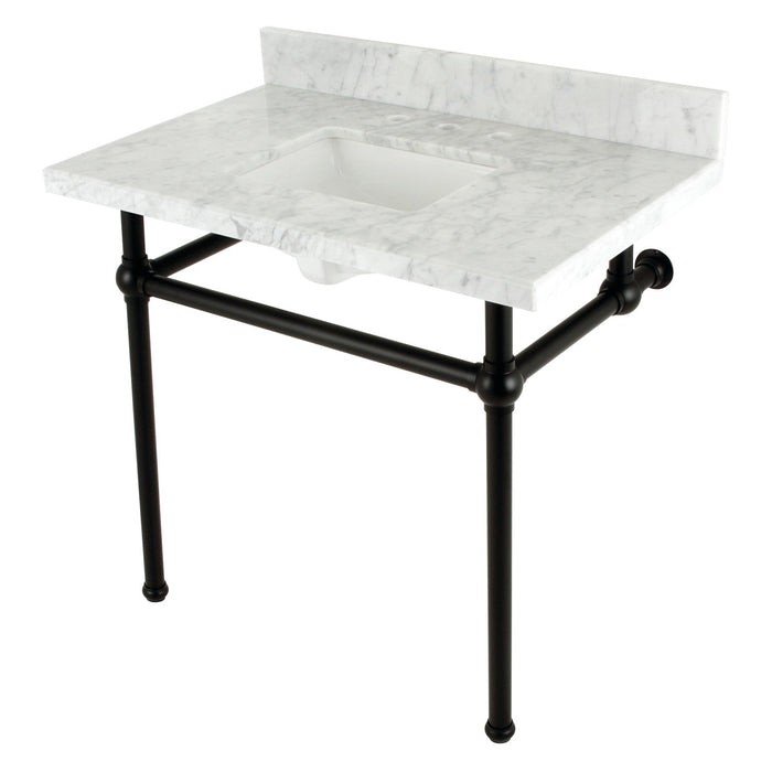 Templeton KVBH3622M8SQ0 36-Inch Carrara Marble Console Sink with Brass Legs (8-Inch, 3-Hole), Carrara Marble White/Matte Black