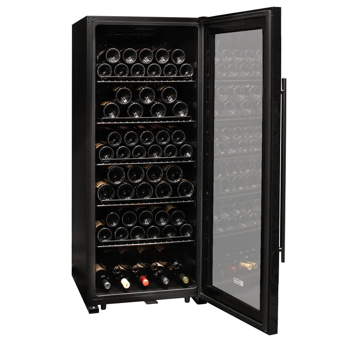 Contemporary 102 Bottle Single Zone Freestanding Wine Refrigerator with Black Glass Door