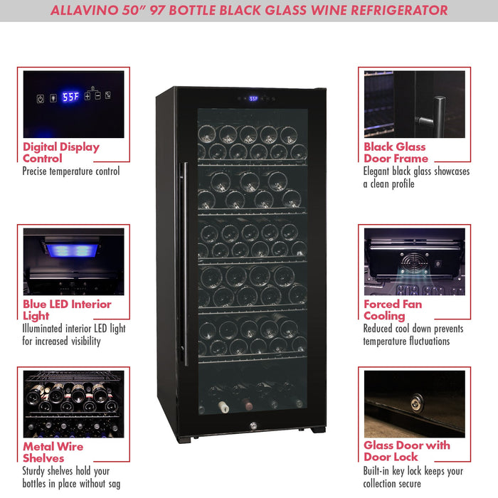 Contemporary 102 Bottle Single Zone Freestanding Wine Refrigerator with Black Glass Door