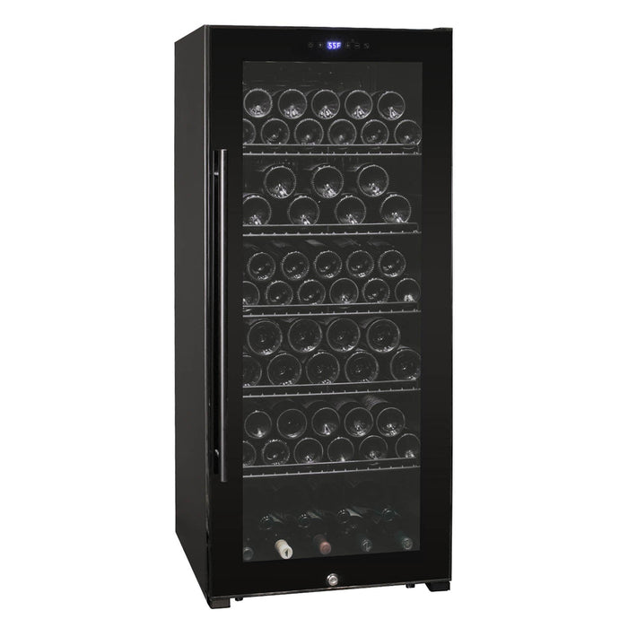 Contemporary 102 Bottle Single Zone Freestanding Wine Refrigerator with Black Glass Door