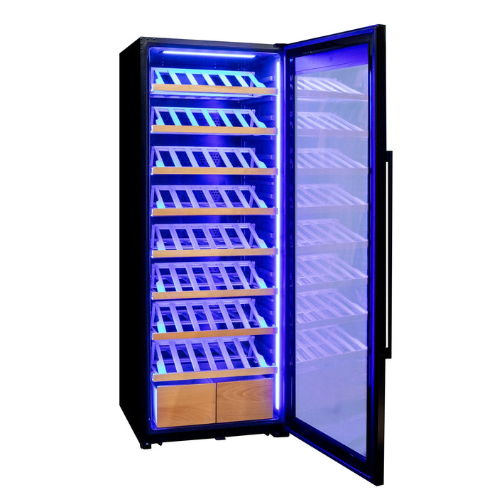 29" Wide 248 Bottle Single Zone Black Glass Right Hinge Wine Refrigerator with Display Shelving