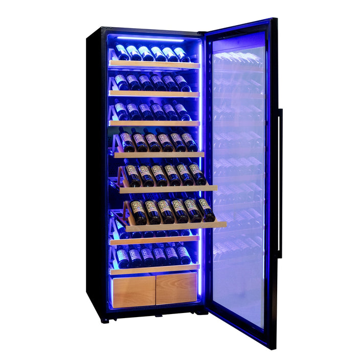 29" Wide 248 Bottle Single Zone Black Glass Right Hinge Wine Refrigerator with Display Shelving