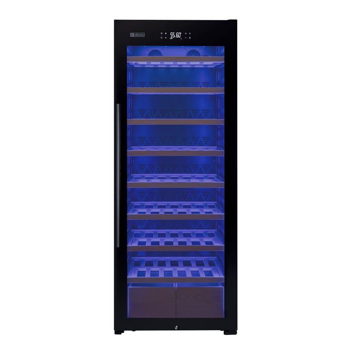 29" Wide 248 Bottle Single Zone Black Glass Right Hinge Wine Refrigerator with Display Shelving