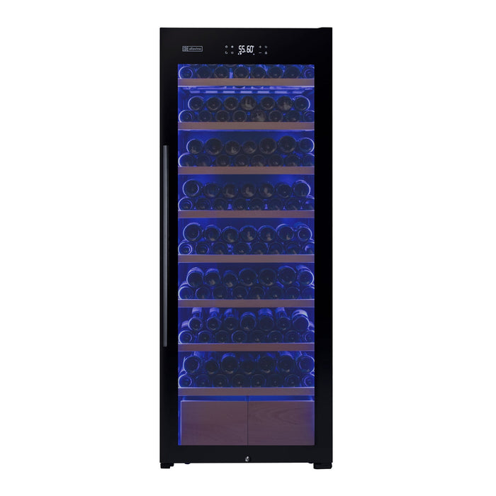 29" Wide 248 Bottle Single Zone Black Glass Right Hinge Wine Refrigerator with Display Shelving