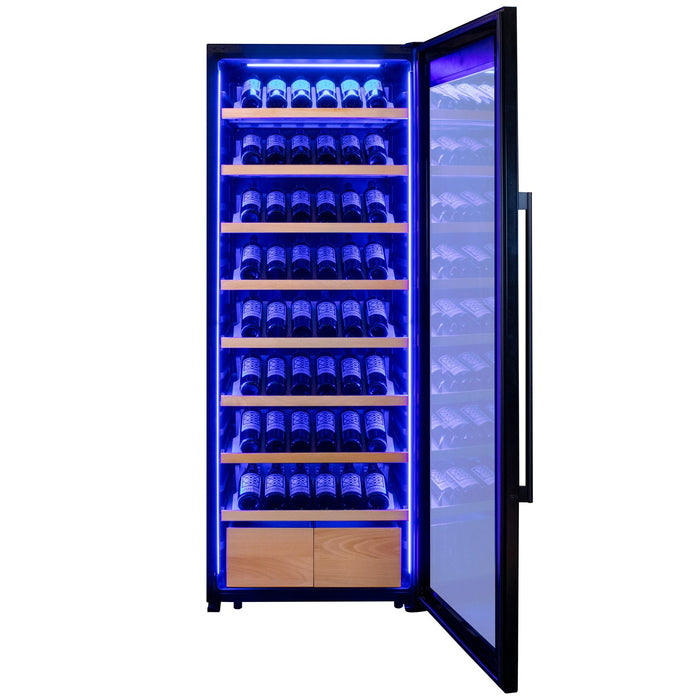 29" Wide 248 Bottle Single Zone Black Glass Right Hinge Wine Refrigerator with Display Shelving