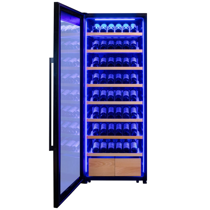 29" Wide 248 Bottle Single Zone Black Glass Left Hinge Wine Refrigerator with Display Shelving