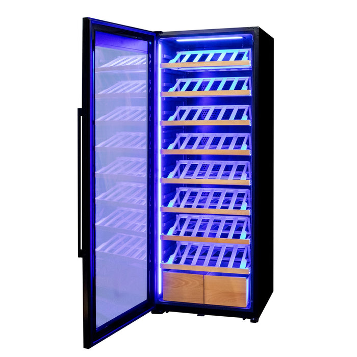 29" Wide 248 Bottle Single Zone Black Glass Left Hinge Wine Refrigerator with Display Shelving