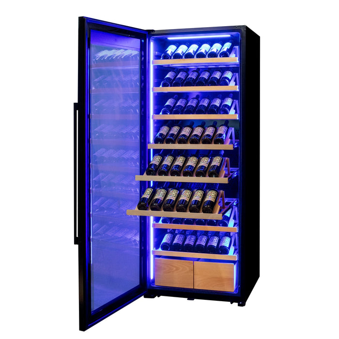 29" Wide 248 Bottle Single Zone Black Glass Left Hinge Wine Refrigerator with Display Shelving