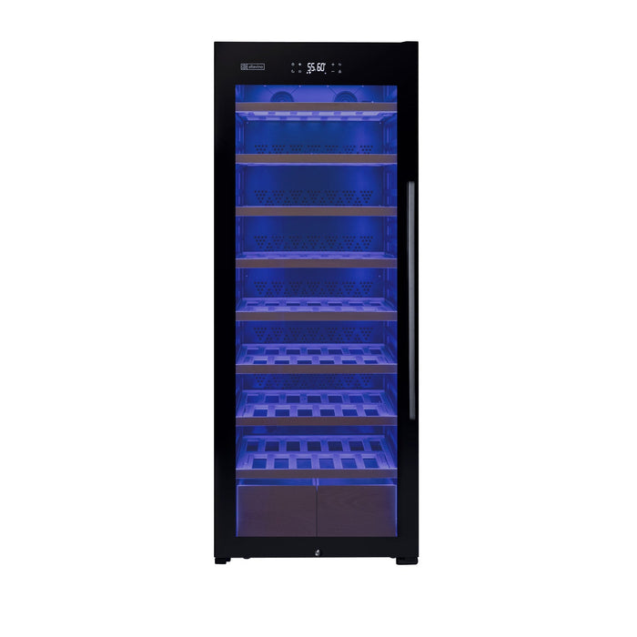 29" Wide 248 Bottle Single Zone Black Glass Left Hinge Wine Refrigerator with Display Shelving