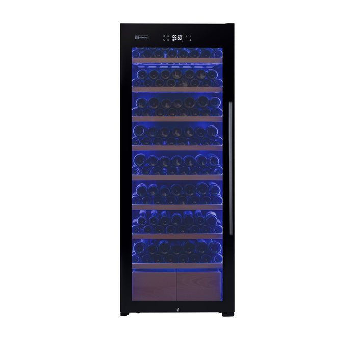 29" Wide 248 Bottle Single Zone Black Glass Left Hinge Wine Refrigerator with Display Shelving