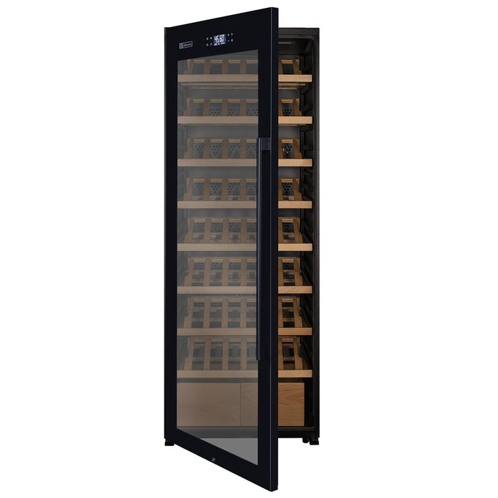 29" Wide 248 Bottle Single Zone Black Glass Left Hinge Wine Refrigerator with Display Shelving