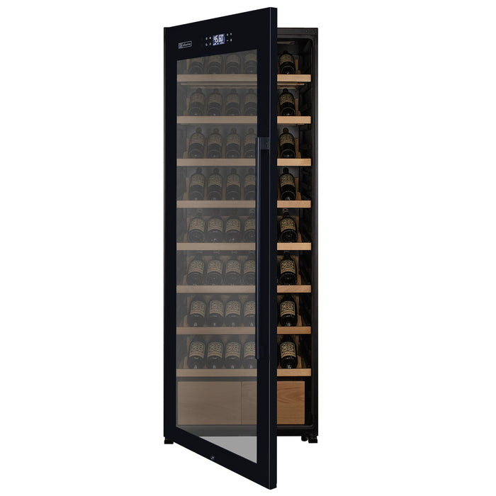 29" Wide 248 Bottle Single Zone Black Glass Left Hinge Wine Refrigerator with Display Shelving