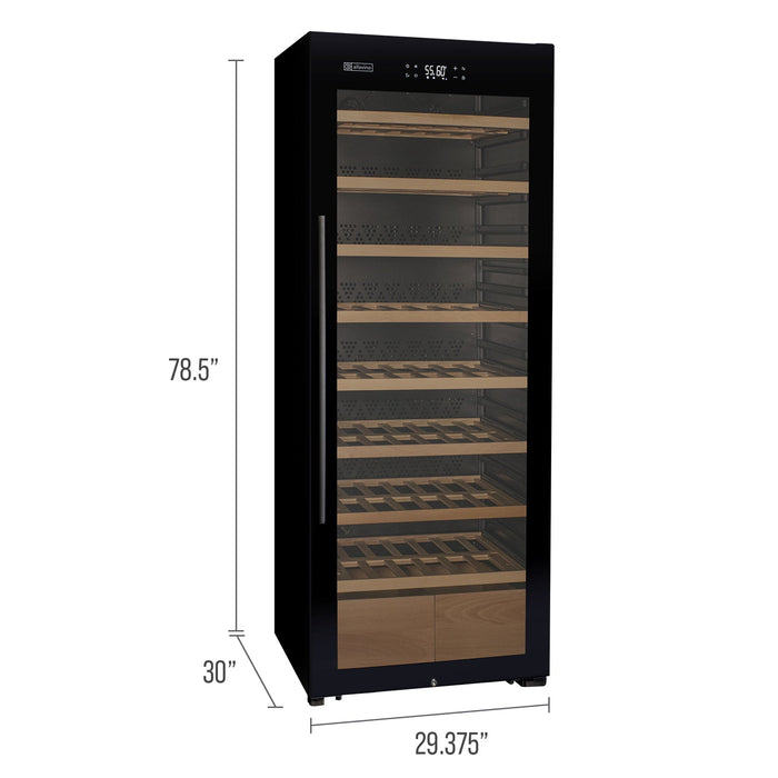 29" Wide 248 Bottle Single Zone Black Glass Right Hinge Wine Refrigerator with Display Shelving