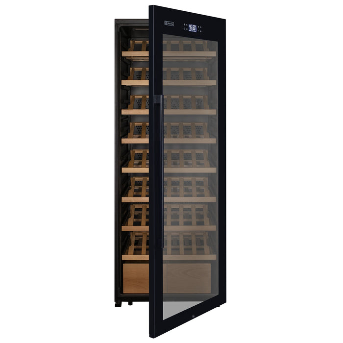 29" Wide 248 Bottle Single Zone Black Glass Right Hinge Wine Refrigerator with Display Shelving