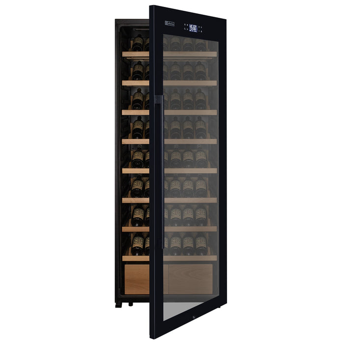 29" Wide 248 Bottle Single Zone Black Glass Right Hinge Wine Refrigerator with Display Shelving