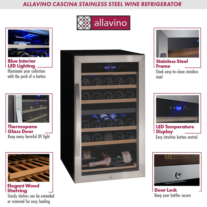 Cascina Series 28 Bottle Dual Zone Freestanding Wine Cooler Refrigerator with Stainless Steel Door