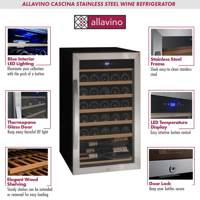 Cascina Series 33 Bottle Single Zone Freestanding Wine Refrigerator Cooler with Stainless Steel Door