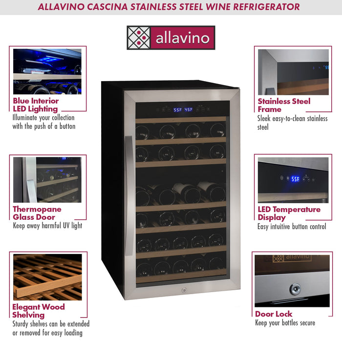 Cascina Series 43 Bottle Dual Zone Freestanding Wine Refrigerator Cooler with Stainless Steel Door