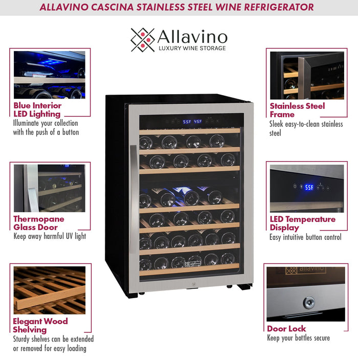 Cascina Series 47 Bottle Dual Zone Freestanding Wine Cooler Refrigerator with Stainless Steel Door