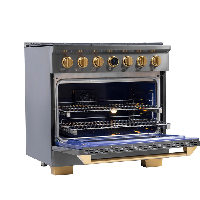 Kucht 36" 5.2 cu. ft. 6 Burner Natural Gas Dual Fuel Range in Titanium Stainless Steel with Digital Thermostat