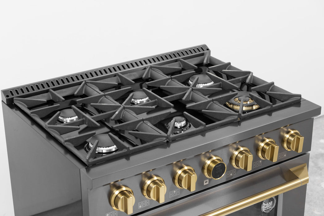 Kucht 36" 5.2 cu. ft. 6 Burner Natural Gas Dual Fuel Range in Titanium Stainless Steel with Digital Thermostat