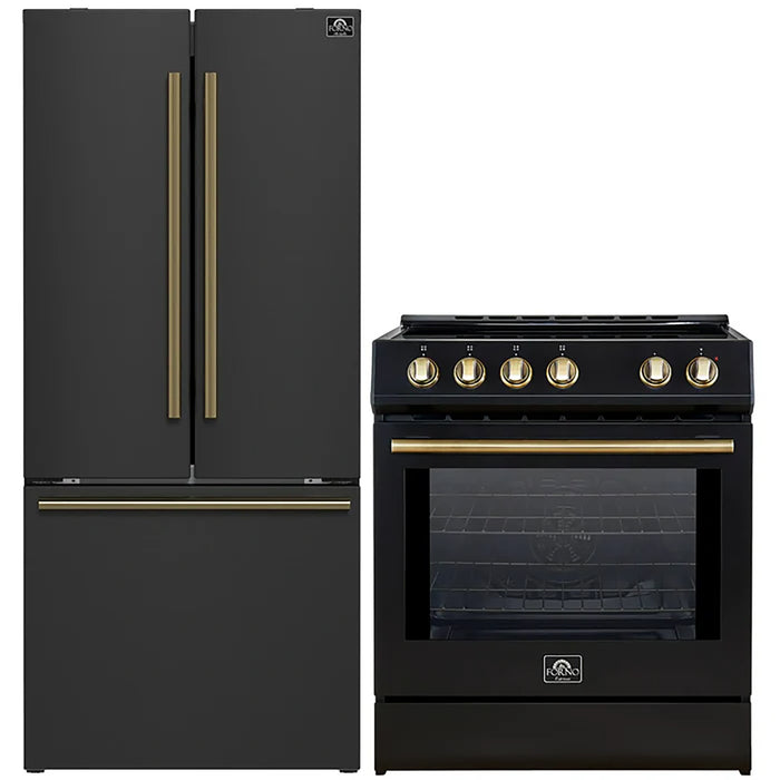 FORNO 2-Piece Black Kitchen Bundle - 30" Induction Range and 31" Bottom Freezer Refrigerator