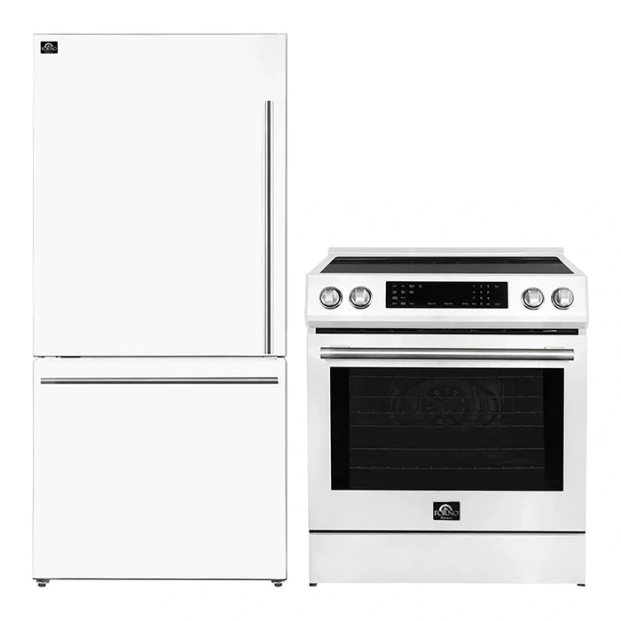 FORNO 2-Piece White Kitchen Bundle - 30" Induction Range and 31" Bottom Freezer Refrigerator