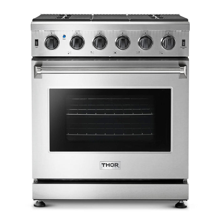 Thor Kitchen Package - 30" Gas Range, Range Hood, Refrigerator with Water and Ice Dispenser, Dishwasher, AP-LRG3001U-C-7