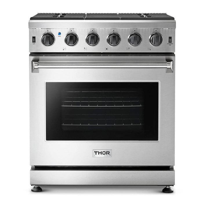 Thor Kitchen Package - 30" Gas Range, Range Hood, Microwave, Refrigerator with Water and Ice Dispenser, Dishwasher, Wine Cooler, AP-LRG3001U-14