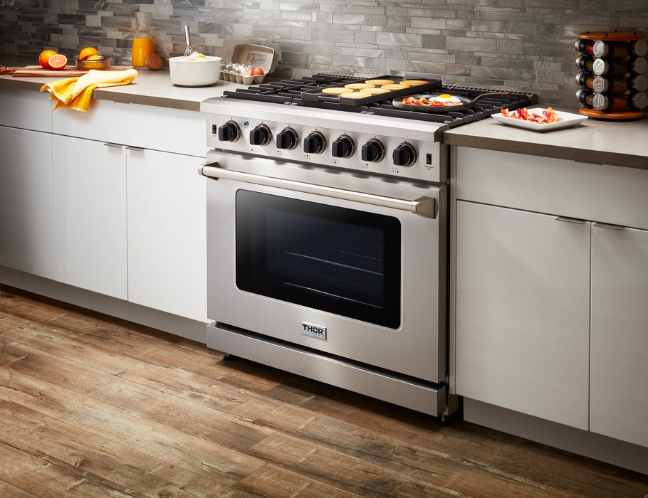 Thor Kitchen Package - 36" Propane Gas Range, Range Hood, Microwave, Refrigerator, Dishwasher, AP-LRG3601ULP-7