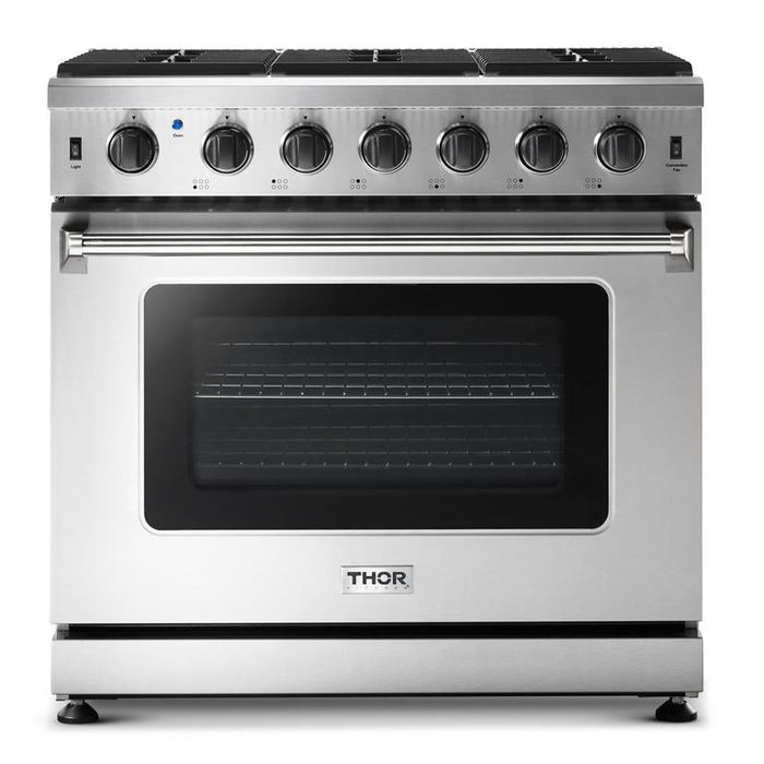 Thor Kitchen Package - 36" Propane Gas Range, Range Hood, Refrigerator, Dishwasher, Wine Cooler, AP-LRG3601ULP-4