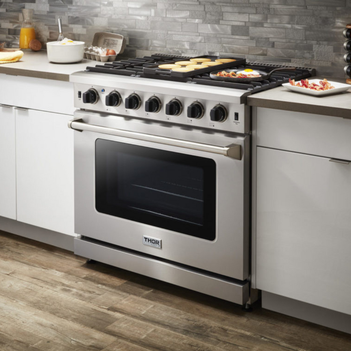 THOR Kitchen Package - 36" Propane Gas Range, Range Hood, Microwave, Refrigerator, Dishwasher, AP-LRG3601ULP-C-5